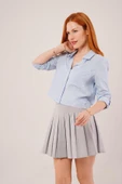 Tek Cep Çizgili Mavi Kısa Gömlek - 3