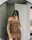 Kadın Madonna Mendil Yaka Leopar Desen Mini Elbise thumbnail 4