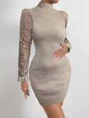Kadın Uzun Kollu Kollar Tül Detay Triko Mini Boy Elbise thumbnail 1