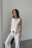 KETEN KENARLARI BİYELİ YELEK - PANTOLON TAKIM - Beyaz - 4