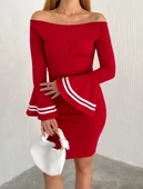 Kadın Akrilik Kumaş Ispanyol Kol Madonna Yaka Mini Elbise thumbnail 1