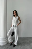 KETEN KENARLARI BİYELİ YELEK - PANTOLON TAKIM - Beyaz - 1