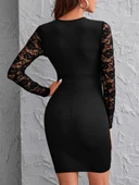 Kadın Uzun Kollu Bisiklet Yaka Kol Vegöğüs Tül Detay Krep Elbise thumbnail 2