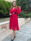 Kadın şifon Kumaş Astalı Kloş Kesim Kruvaze Yaka Midi Boy Elbise thumbnail 1