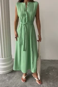 KETEN ELBİSE KOLSUZ BEL BAĞLAMALI MAXİ ELBİSE - Yeşil thumbnail 2
