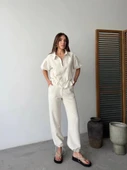 Keten Tam Fermuarlı Kısa Kollu Gömlek Pantolon Ikili Takım - Beyaz thumbnail 1