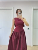Arkası Kanatlı Uzun Elbise- Bordo thumbnail 1
