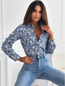 Kadın Uzun Kol Cep Detay çiçek Baskılı Mosskrep Kumaş Gömlek thumbnail 1