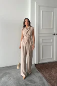 TENCEL MODAL KOLSUZ BLUZ KAPALI CEP DETAYLI DÖKÜMLÜ - PANTOLON TAKIM - Bej thumbnail 1