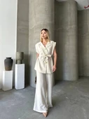 Keten Sıfır Kol Kuşaklı Ceket Pantolon Ikili Takım - Beyaz thumbnail 3