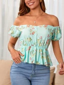 Kadın Kısa Kollu Madonna Yaka çiçek Desenli Düğme Detay Gipeli Süprem Kumaş Bluz thumbnail 1