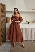 Kahverengi Omzu Lastikli Brode Elbise thumbnail 5