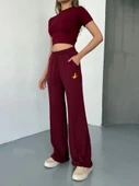 Osy Modal Yumuşak Dokulu Kumaş Nakış Işlemeli Rahat Bol Paça Eşofman Pantalon - Bordo thumbnail 1
