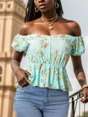 Kadın Kısa Kollu Madonna Yaka çiçek Desenli Düğme Detay Gipeli Süprem Kumaş Bluz thumbnail 7