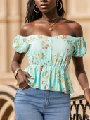 Kadın Kısa Kollu Madonna Yaka çiçek Desenli Düğme Detay Gipeli Süprem Kumaş Bluz thumbnail 9