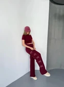 Osy Modal Yumuşak Dokulu Kumaş Nakış Işlemeli Rahat Bol Paça Eşofman Pantalon - Bordo - 3