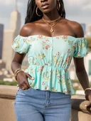 Kadın Kısa Kollu Madonna Yaka çiçek Desenli Düğme Detay Gipeli Süprem Kumaş Bluz thumbnail 8