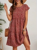 Kadın Kısa Kollu Bisiklet Yaka çiçek Desenli Süprem Elbise thumbnail 1