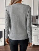 Kadın Uzun Kollu Bisiklet Yaka Geometrik Desenli Triko Bluz thumbnail 11