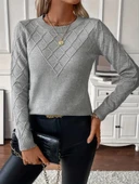 Kadın Uzun Kollu Bisiklet Yaka Geometrik Desenli Triko Bluz thumbnail 1