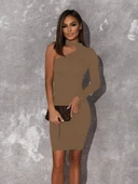 Kadın Uzun Kollu Tek Omuz Ve Kol Açık Detay Viskon Mini Boy Elbise thumbnail 8