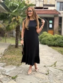 Kadın Omuzlardan Büzgülü Kayık Yaka Fırfırlı Janjan Krep Elbise thumbnail 9