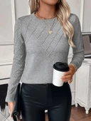 Kadın Uzun Kollu Bisiklet Yaka Geometrik Desenli Triko Bluz thumbnail 2