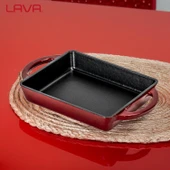 Lava Döküm Dikdörtgen Sahan Döküm Demir Yekpare Çift Kulplu Kayın Servis Ahşabı Ölçü 12x15cm.-Bordo thumbnail 7