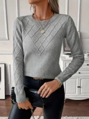 Kadın Uzun Kollu Bisiklet Yaka Geometrik Desenli Triko Bluz thumbnail 9