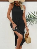 Kadın Askılı Omuzlardan Açık Belden Kuşaklı Yandan Yırtmaçlı Triko Elbise thumbnail 7