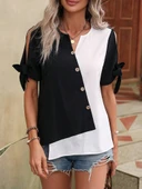 Kadın Kısa Kollu Kollardan Bağlamalı önden Asimetrik Kesim çift Renk Detaylı Düğmeli Ithal Krep Bluz thumbnail 15