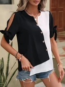 Kadın Kısa Kollu Kollardan Bağlamalı önden Asimetrik Kesim çift Renk Detaylı Düğmeli Ithal Krep Bluz thumbnail 3