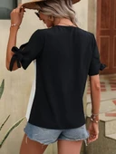 Kadın Kısa Kollu Kollardan Bağlamalı önden Asimetrik Kesim çift Renk Detaylı Düğmeli Ithal Krep Bluz thumbnail 2