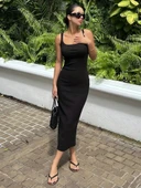 Kadın Ip Askılı Yuvarlak Yakalı Yırtmaçlı Midi Kaşkorse Elbise thumbnail 1