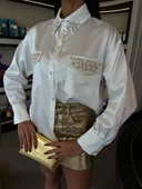 Yaka Ve Cep İnci Taşlı Saten Gömlek 3423 thumbnail 7