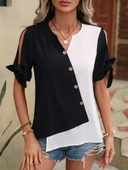Kadın Kısa Kollu Kollardan Bağlamalı önden Asimetrik Kesim çift Renk Detaylı Düğmeli Ithal Krep Bluz thumbnail 11