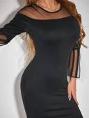 Kadın Uzun şeffaf şerit Kollu Madonna Yaka Vücudu Saran Dalgıç Kısa Elbise thumbnail 3