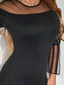 Kadın Uzun şeffaf şerit Kollu Madonna Yaka Vücudu Saran Dalgıç Kısa Elbise thumbnail 2