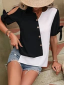 Kadın Kısa Kollu Kollardan Bağlamalı önden Asimetrik Kesim çift Renk Detaylı Düğmeli Ithal Krep Bluz thumbnail 16