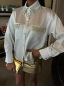 Yaka Ve Cep İnci Taşlı Saten Gömlek 3423 thumbnail 13