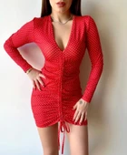 Kadın V Yaka önü Asansör Büzgü Detay Fırsat ürün Puantiyeli Mini Elbise thumbnail 1