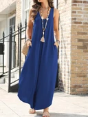 Kadın Askılı Yuvarlak Yaka Cepli Salaş Uzun Viskon Tulum thumbnail 3