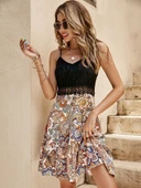 Kadın Askılı V Yakalı üst Dantel Alt Süprem Mini Elbise thumbnail 2