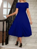 Kadın Kısa Kollu V Yakalı önden Pileli Midi Janjan Krep Elbise thumbnail 5