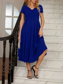 Kadın Kısa Kollu V Yakalı önden Pileli Midi Janjan Krep Elbise thumbnail 6