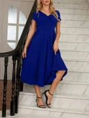 Kadın Kısa Kollu V Yakalı önden Pileli Midi Janjan Krep Elbise thumbnail 4