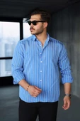 Scorsese Çizgili Relaxed Fit Erkek Gömlek - Parlement Mavi thumbnail 2