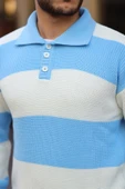 Düğmeli Polo Yaka Yarım Oversize  Çizgili Triko Kazak - Mavi - 2