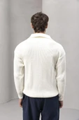 Oversize Selanik Örgü 4 Düğmeli Yarım Pat Rahat Kalıp Erkek Triko Kazak - Ekru - 7