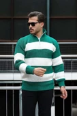 Pedro Oversize Çizgili Selanik Örgülü Yarım Fermuar Triko Erkek Kazak - Yeşil thumbnail 3